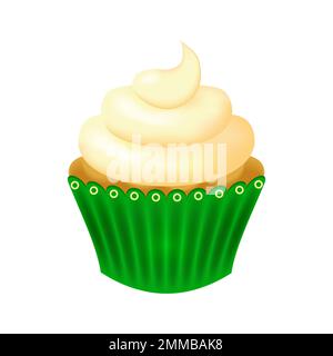 Chocolate cupcake with buttercream in green paper packaging. Sweet pastries on a white background. Dessert with cream, sweets for the holiday. Vector Stock Vector