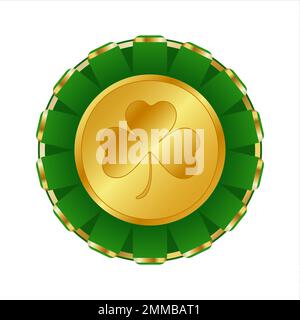 St. Patrick's Day gold shamrock and green ribbon award. Good luck icon, medal with clover leaf isolated on white background. Vector illustration. Stock Vector