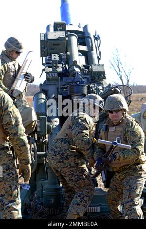 Precision Guidance Kit (PGK) artillery rounds are tested by U.S. Marines at Fort Sill, Oklahoma, February 2016. PGK contains GPS guidance. Stock Photo