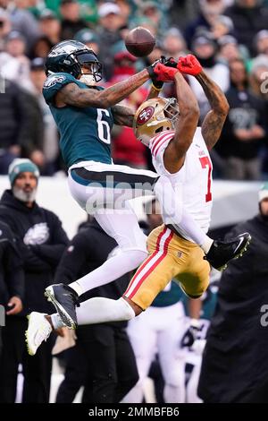 San Francisco 49ers cornerback Charvarius Ward breaks up a pass intended  for Philadelphia Eagles wide receiver DeVonta Smith during the first half  of the NFC Championship NFL football game between the Philadelphia