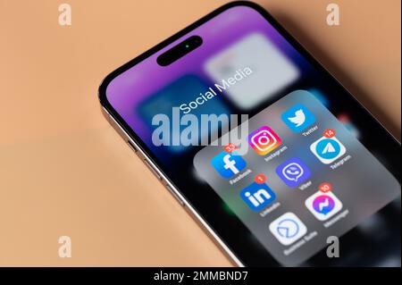 New york, USA - January 28, 2022: Social Media apps on apple iphone 14 pro in smartphone screen close up view Stock Photo