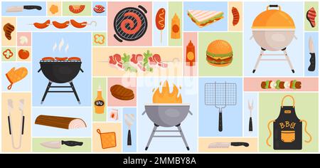 Bbq elements. Grill cooking tools for barbecue summer party, roasted on  fire meat food cartoon vector set Stock Vector Image & Art - Alamy