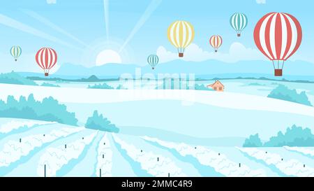 Winter landscape with cute balloons flight vector illustration. Cartoon big hot air colorful balloons flying in blue sky over snowy fields and vineyards in rural countryside sunrise scenery background Stock Vector