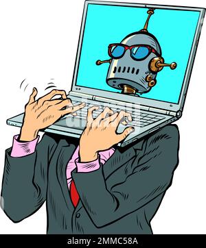Pop art robots laptop laptop instead of a head. Electronic device laptop computer. Office work Stock Vector