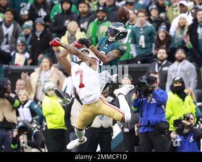 San Francisco 49ers cornerback Charvarius Ward breaks up a pass intended  for Philadelphia Eagles wide receiver DeVonta Smith during the first half  of the NFC Championship NFL football game between the Philadelphia