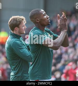 Wrexham, Wrexham County Borough, Wales. 29th January 2023. Wrexham's Aaron Hayden warming up, during Wrexham Association Football Club V Sheffield United Football Club at The Racecourse Ground, in The Emirates FA Cup. (Credit Image: ©Cody Froggatt/Alamy Live News) Stock Photo