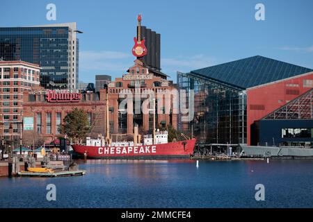 Lightship Chesapeake and Hard Rock Cafe Sign in Baltimore Inner Harbor Stock Photo