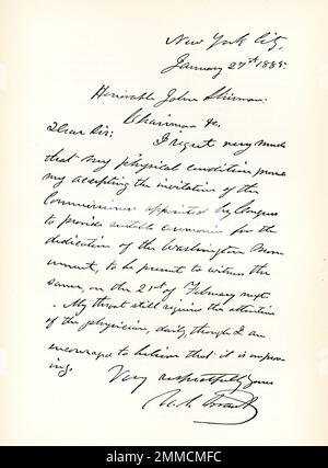 This 1892 images shows a letter from Ulysses s Grant dated January 27, 1885 and signed by Grant. 18th President of the United States  The letter reads: 'New York City,  January 27, 1885.  Honorable John Sherman, Chairman.  Dear Sir: I regret very much that my physical condition prevents my accepting the invitation of the Commission appointed by Congress to provide suitable ceremonies for the dedication of the Washington monument, to be present to witness the same, on the 21st of February next. My throat still requires the attention of the physician, daily, though I am encouraged to believe tha Stock Photo