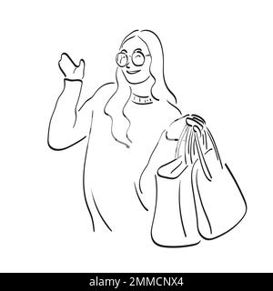 half length of woman with glasses presenting on blank space with handbag in her hand illustration vector hand drawn isolated on white background line Stock Vector