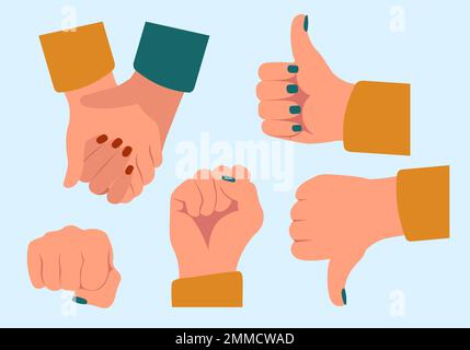 Set Of Hands In Different Positions. Thumb, Fist, Handshake Vector Illustration In Flat Style Stock Vector
