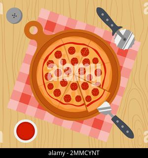 Concept Of Homemade Pizza On The Table With Knife. Cooking, Eat Vector Illustration In Flat Style Stock Vector