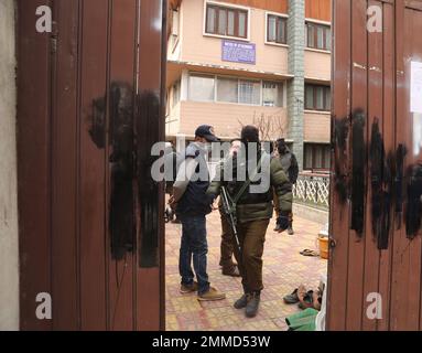 Srinagar, India. 29th Jan, 2023. SRINAGAR, INDIA - JANUARY 29: A National Investigation Agency (NIA) team sealed the Hurriyat Conference office at Rajbagh area on January 29, 2023 in Srinagar, India. A team of NIA officials from Delhi arrived in Srinagar on Sunday (January 27) and enforced the order passed by a special court. In the ‘NIA vs Mohammad Hafiz Saeed and others' case registered under the Unlawful Activities (Prevention) Act (UAPA).(Photo by Waseem Andrabi/Hindustan Times/Sipa USA) Credit: Sipa USA/Alamy Live News Stock Photo