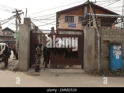 Srinagar, India. 29th Jan, 2023. SRINAGAR, INDIA - JANUARY 29: A National Investigation Agency (NIA) team sealed the Hurriyat Conference office at Rajbagh area on January 29, 2023 in Srinagar, India. A team of NIA officials from Delhi arrived in Srinagar on Sunday (January 27) and enforced the order passed by a special court. In the ‘NIA vs Mohammad Hafiz Saeed and others' case registered under the Unlawful Activities (Prevention) Act (UAPA).(Photo by Waseem Andrabi/Hindustan Times/Sipa USA) Credit: Sipa USA/Alamy Live News Stock Photo