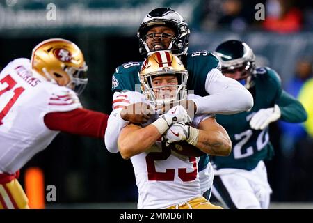 San Francisco 49ers running back Christian McCaffrey (23) in action during  the NFC Championship NFL football game against the Philadelphia Eagles,  Sunday, Jan. 29, 2023, in Philadelphia. (AP Photo/Chris Szagola Stock Photo  - Alamy