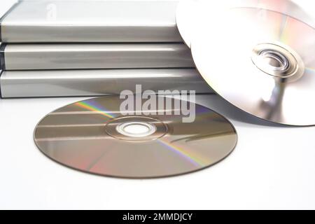 DVD blue ray discs with cases white background movie CD design box Stock Photo