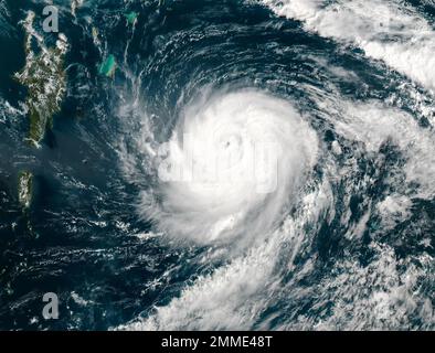 Hurricane from space, satellite view. Hurricane catastrophe. Elements of this image furnished by NASA. Selective focus. Noise and grain included Stock Photo