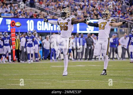 New Orleans Saints Demario Davis sacks New York Giants Eli Manning in the  3rd quarter in week 4 of the NFL season at MetLife Stadium in East  Rutherford, New Jersey on September