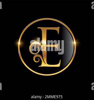 A vector Illustration of Golden Cursive Luxury Monogram Logo Initial Letter E in black bacground with gold shine effect Stock Vector