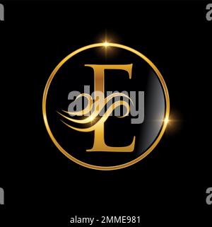 A vector Illustration of Golden Cursive Luxury Monogram Logo Initial Letter E in black bacground with gold shine effect Stock Vector