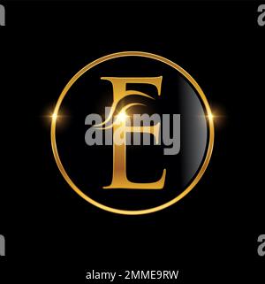 A vector Illustration of Golden Cursive Luxury Monogram Logo Initial Letter E in black bacground with gold shine effect Stock Vector