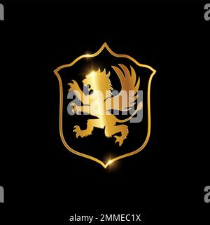 A vector illustration of Golden Lion winged Logo sign in black background with gold shine effect Stock Vector