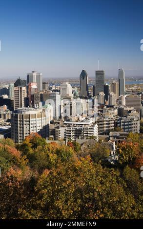 Montreal skyline taken from lookout on Mount Royal Park in autumn, Montreal, Quebec, Canada. Stock Photo