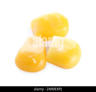 Delicious canned corn kernels isolated on white Stock Photo