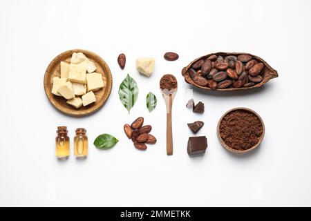 Composition with organic cocoa butter on white background, top view Stock Photo