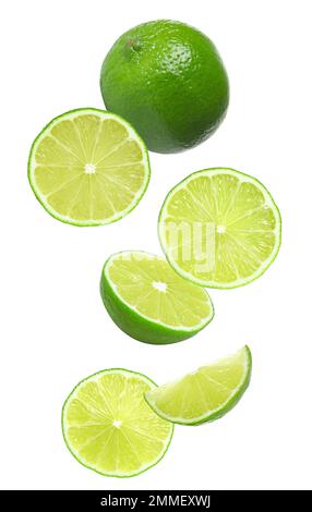 Collage of falling limes on white background Stock Photo