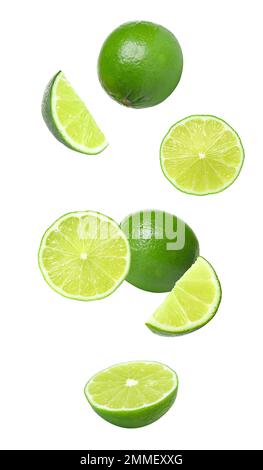 Collage of falling limes on white background Stock Photo