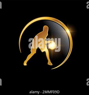 A vector illustration of Golden Playing Basketball Logo Sign in black background with gold shine effect Stock Vector