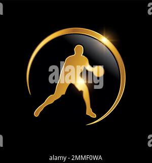 A vector illustration of Golden Playing Basketball Logo Sign in black background with gold shine effect Stock Vector