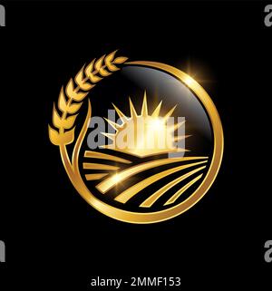 A vector illustration of Agriculture wheat rice golden farm logo in black background with gold shine effect, royal luxury farming logo design Stock Vector