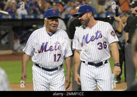 Former Major Leaguer Ozzie Virgil leaves the field after throwing out the  first pitch before a New York Mets baseball game against the Atlanta Braves  Wednesday, Sept. 26, 2018, in New York.