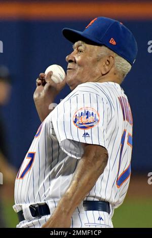 Former Major Leaguer Ozzie Virgil throws out the first pitch before a New  York Mets baseball game against the Atlanta Braves Wednesday, Sept. 26,  2018, in New York. Virgil, the first Dominican-born