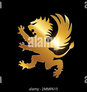 A vector illustration of Golden Standing Heraldic Lion Vector Sign in black background with gold shine effect Stock Vector