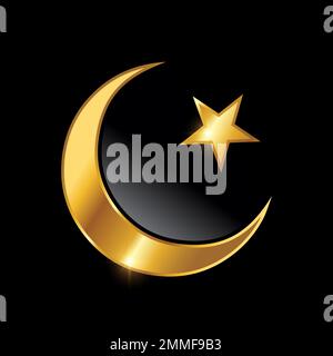 Golden Luxury Crescent Star Logo Sign vector Illustration in black background with gold shine effect Stock Vector