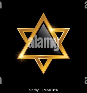 Golden Hexagram Triangle Star Logo Sign vector illustration, black background with gold shine effect Stock Vector