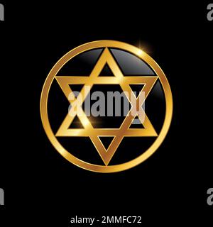 Golden Hexagram Triangle Star Logo Sign vector illustration, black background with gold shine effect Stock Vector