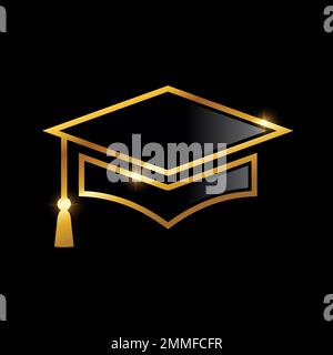 Creative Luxury Graduation Cap Sign vector illustartion in black background with gold shine effect Stock Vector