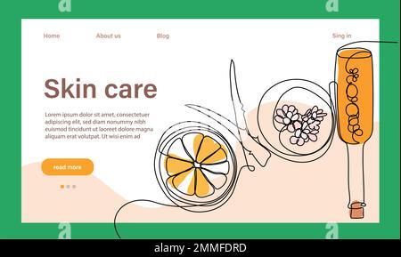 Skin care concept. Landing page template. Morning routine. Bath time. Organic products for scrubbing and body skin care with natural herbal skin care products, top view. Vector illustration Stock Vector