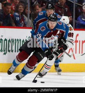 Colorado Avalanche defenseman Cale Makar takes part in a drill in the  opening session of the team's NHL hockey training camp Friday, Sept. 13,  2019, in Englewood, Colo.(AP Photo/David Zalubowski Stock Photo 