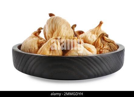 Tasty dried figs in plate isolated on white Stock Photo