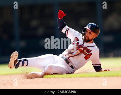 Atlanta Braves center fielder Cristian Pache (25) runs to second base  during a baseball game against the Philadelphia Phillies Saturday, April  10, 2021, in Atlanta. (AP Photo/John Bazemore Stock Photo - Alamy