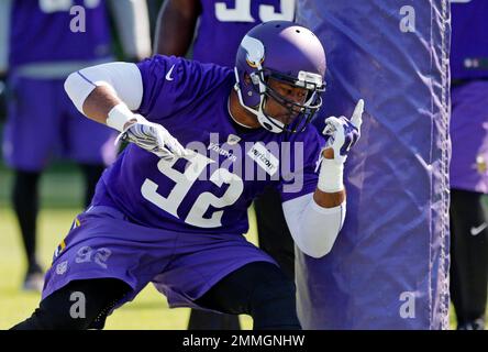 Minnesota Vikings defensive tackle Harrison Phillips walks on the field  during warm ups before the first half of an NFL football game agains the  Tennessee Titans, Saturday, Aug. 19, 2023, in Minneapolis. (