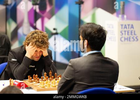 Wijk Aan Zee, Netherlands. 29th Jan, 2023. Magnus Carlsen of Norway  competes during the final round of the Tata Steel Chess Tournament 2023 in  Wijk aan Zee, the Netherlands, Jan. 29, 2023.