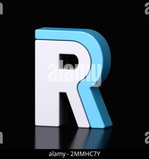 3d letter R plastic light blue and white from alphabet isolated in a black background. Hi tech metallic font character design illustration, text minim Stock Photo