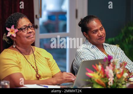 From left, Adi Vasulevu Levu, Executive Director of Transcend Oceania, and Republic of Fiji Military Forces Cpt. Ana Vuniwaqa attend a Coordinating Committee meeting for Fiji’s first Women, Peace and Security National Action Plan Orientation Workshop in Suva, Fiji, Sept. 19, 2022. Facilitated by U.S. Indo-Pacific Command, the Coordinating Committee consists of Fijian government and civil society organization representatives who oversee the development of a Fiji WPS National Action Plan guided by UN Security Council Resolution (UNSCR) 1325 principles and gender perspective. Stock Photo