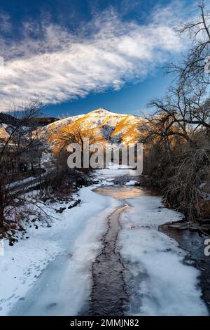 Snowy Clear Creek landscape in winter.  Golden, Colorado, USA Stock Photo