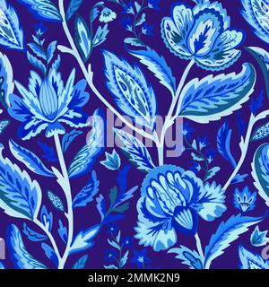 Blue paisley ornamental seamless pattern in indian style. Ornate decorative floral motif. Vector illustration Stock Vector